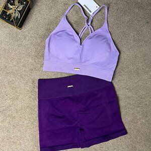 💜 Fresought Workout Set – Lavender Sports Bra & High-Waisted Shorts | Size M
